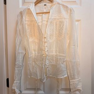 Free People Ivory Lace Button-Up Blouse